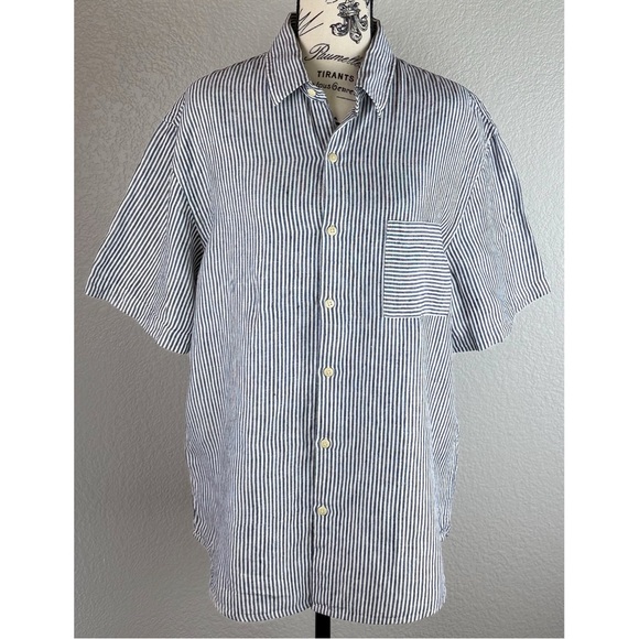 Alex Crane Men's Ola Linen Stripped Short-Sleeve Button-Down Shirt Blue/White XL - Picture 3 of 13